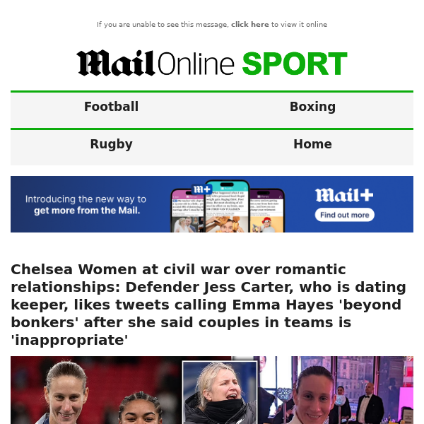 Chelsea Women at civil war over romantic relationships: Defender Jess Carter, who is dating keeper, likes tweets calling Emma Hayes 'beyond bonkers' after she said couples in teams is 'inappropriate'