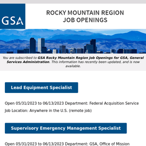 New/Current Job Opportunities in the GSA Rocky Mountain Region