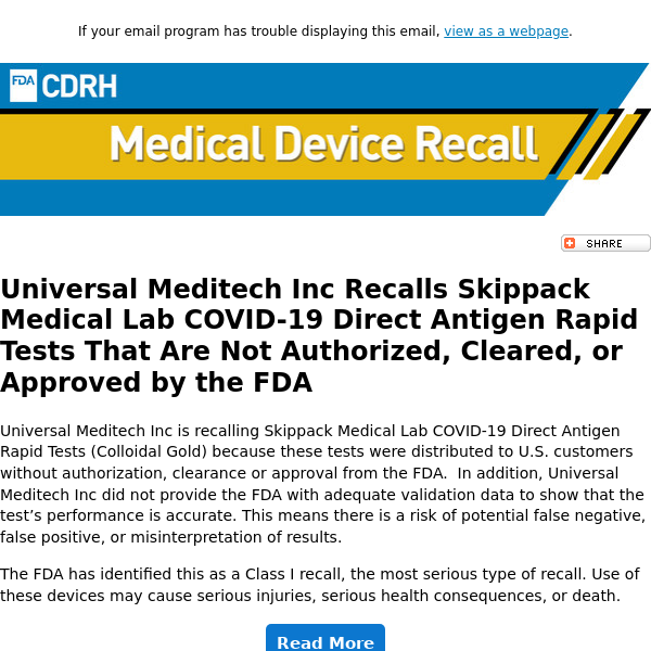 Universal Meditech Recalls Unapproved COVID-19 Direct Antigen Rapid Tests