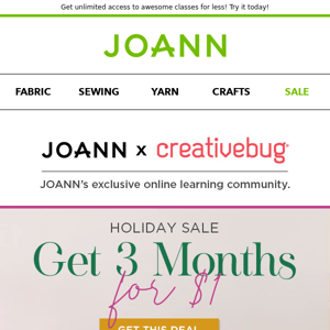 Holiday deal! Get 3 months of Creativebug for $1!