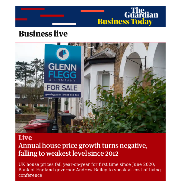 Business Today: Annual house price growth turns negative, falling to weakest level since 2012