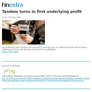 Finextra News Flash: Tandem turns in first underlying profit