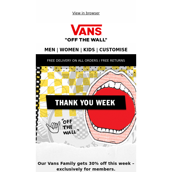 30% off, just for the Family – it's Thank You Week - Vans