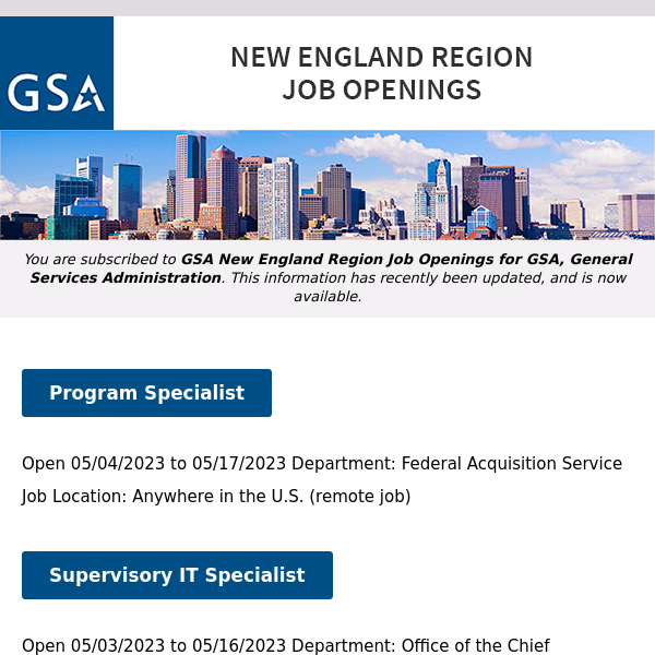 New/Current Job Opportunities in the GSA New England Region