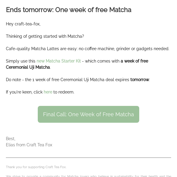 Final call: 1 week of free Matcha