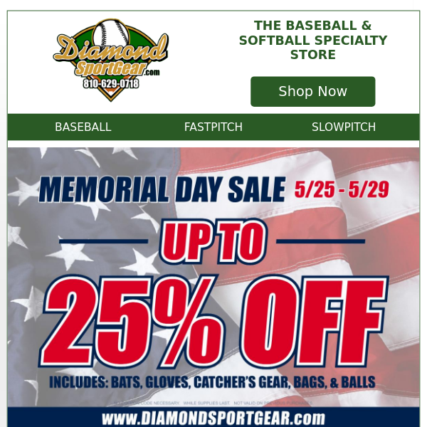 🇺🇸 Memorial Sale: Up to 25% OFF Bats, Gloves & More!