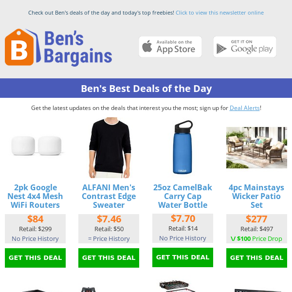 Ben's Best Deals: $84 Google Nest Routers (2pk) - $7.46 Alfani Sweater - $119 Game Table - $7.70 CamalBak Water Bottle (25oz)