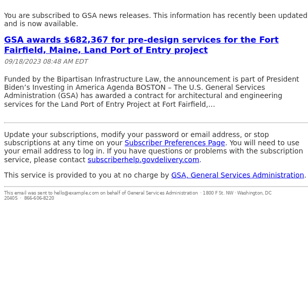 GSA awards $682,367 for pre-design services for the Fort Fairfield, Maine, Land Port of Entry project