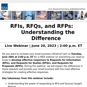 FREE WEBINAR: RFIs, RFQs, and RFPs: Understanding the Difference, June 20, 2023, 2:00 PM ET