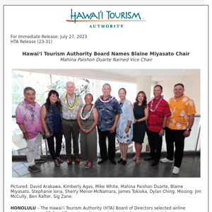 Hawai‘i Tourism Authority Board Names Blaine Miyasato Chair, Mahina Paishon Duarte Named Vice Chair