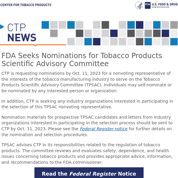 FDA Seeks Nominations for Tobacco Products Scientific Advisory Committee