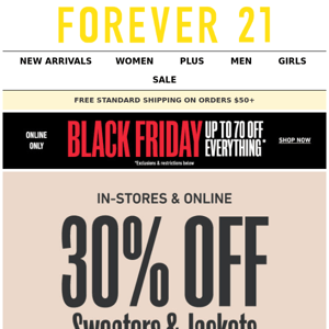 30% Off Jackets, Sweaters & Outerwear