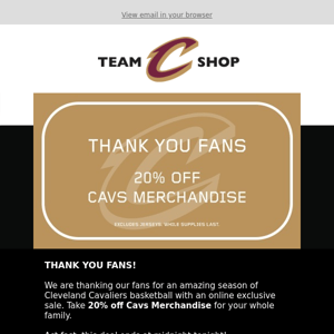 LAST CHANCE: 20% off Cavs Merchandise