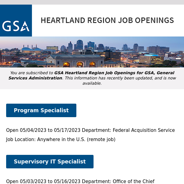 New/Current Job Opportunities in the GSA Heartland Region