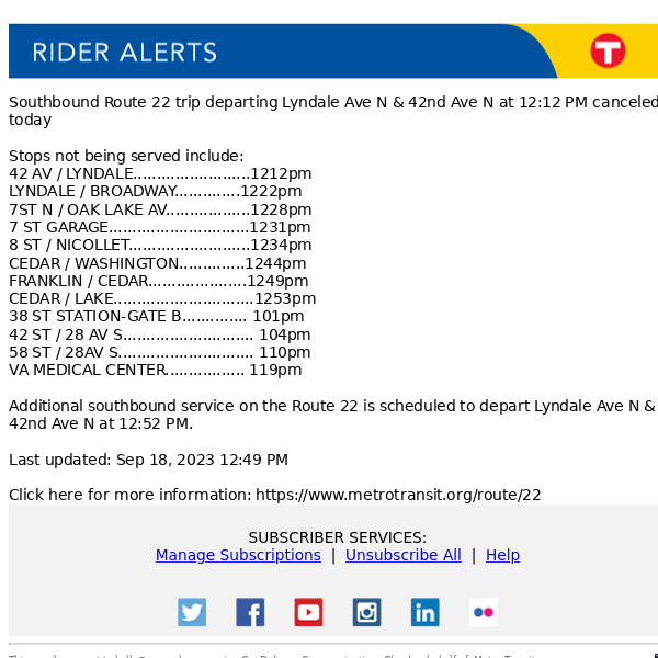Route 22 trip departing Brooklyn Ctr Transit Ctr Gate H at 11:58 AM canceled