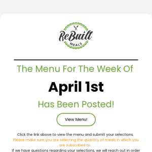 ReBuilt Meals Menu - Week of April 1st