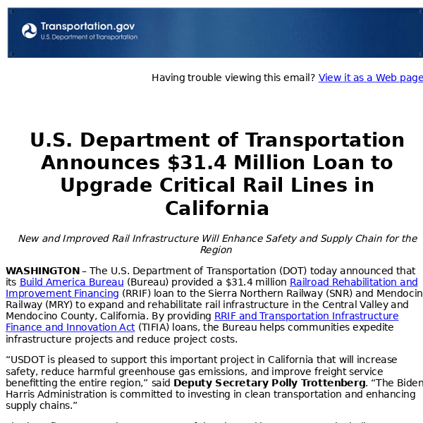 U.S. Department of Transportation Announces $31.4 Million Loan to Upgrade Critical Rail Lines in California