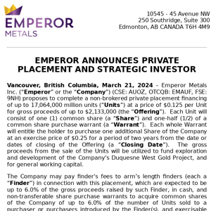 Emperor Announces Private Placement and Strategic Investor