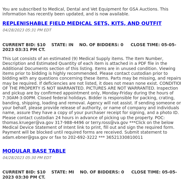 GSA Auctions Medical, Dental and Vet Equipment Update