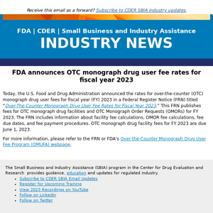 FDA announces OTC monograph drug user fee rates for fiscal year 2023