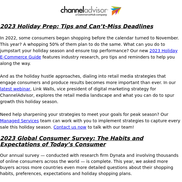 ChannelAdvisor Newsletter: Peak Season Prep | Global Online Consumer Behavior Survey Results | Prime Big Deal Days