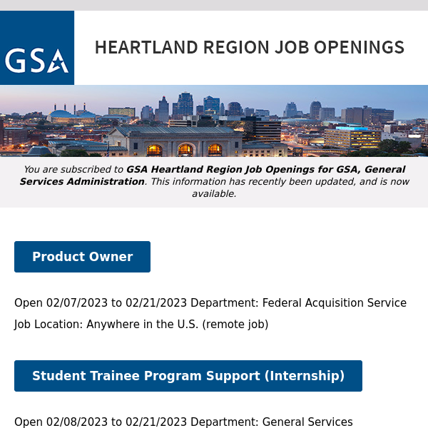 New/Current Job Opportunities in the GSA Heartland Region