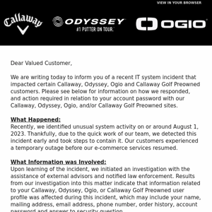 Important security notice about your account with Callaway, Odyssey, Ogio, or Callaway Golf Preowned.