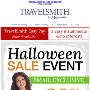 Happy Halloween ~ Pre-Holiday Savings on Travel Clothes, Gear & More ~ Up to 20% Off!