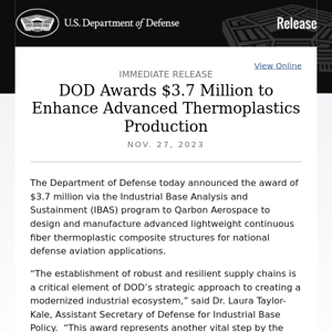 DOD Awards $3.7 Million to Enhance Advanced Thermoplastics Production