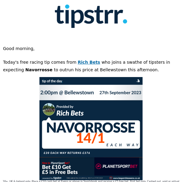Today's free horse racing tip runs on the flat at Bellewstown