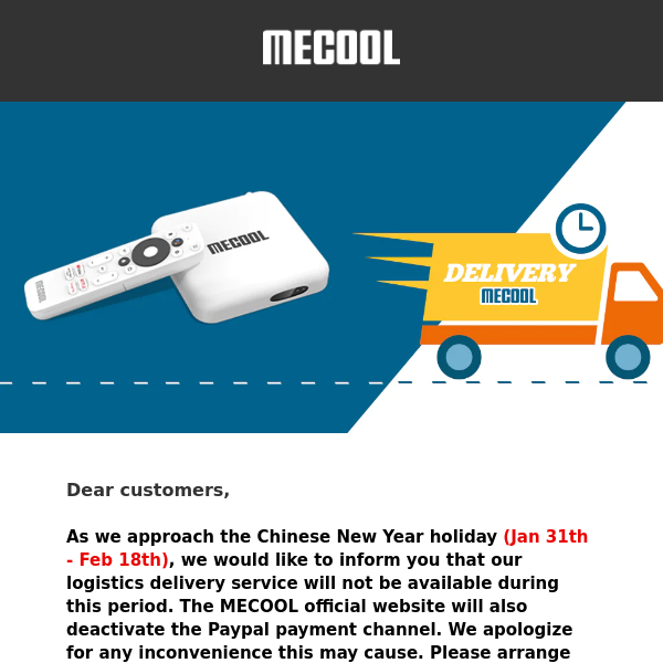 MECOOL Chinese New Year Holiday Notice! 💝