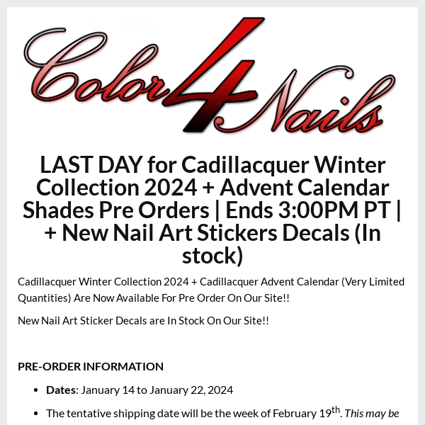 LAST DAY for Cadillacquer Winter Collection 2024 + Advent Calendar Shades Pre Orders | Ends 3:00PM PT | + New Nail Art Stickers Decals (In stock) ail Art Stickers Decals (In stock)