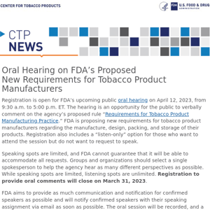 Oral Hearing on FDA’s Proposed New Requirements for Tobacco Product Manufacturers