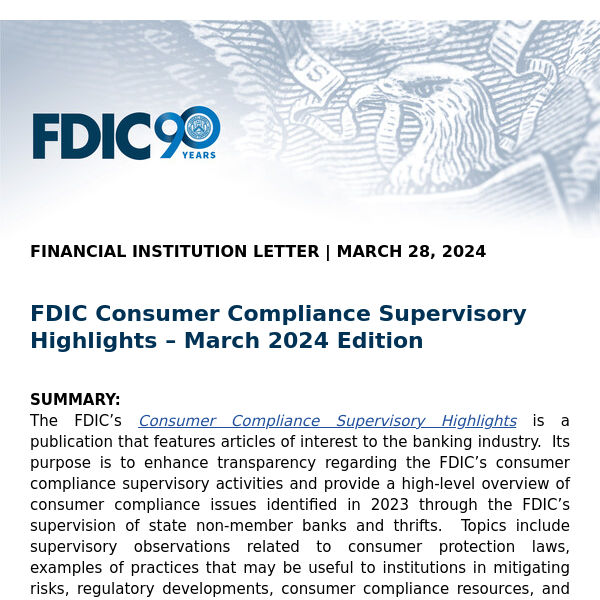 Financial Institution Letter: FDIC Consumer Compliance Supervisory Highlights – March 2024 Edition