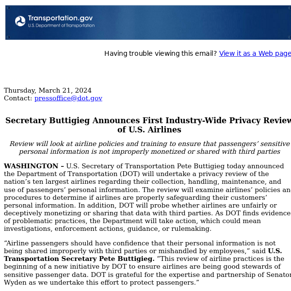 Secretary Buttigieg Announces First Industry-Wide Privacy Review of U.S. Airlines