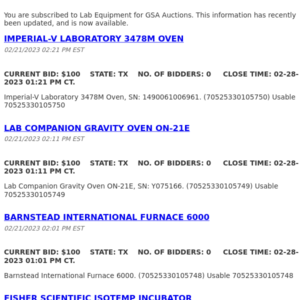 GSA Auctions Lab Equipment Update