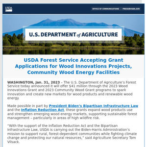 USDA Forest Service Accepting Grant Applications for Wood Innovations Projects, Community Wood Energy Facilities