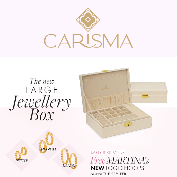 ✨NEW IN ✨ Carisma's LARGE Jewellery Box 😍  Get a pair of our 𝐍𝐄𝐖 Martina's Hoops for 𝐅𝐑𝐄𝐄 with the 𝐍𝐄𝐖 Large Jewellery Box