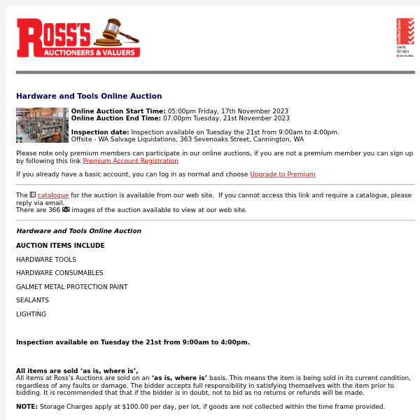 *CLOSING SOON* Ross's > Hardware and Tools Online Auction 21/11/23