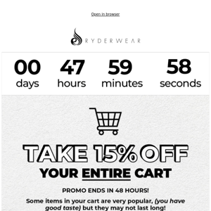 15% OFF your entire cart Ryderwear!