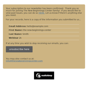 New Beginnings Center: Subscription Confirmed - Welcome!