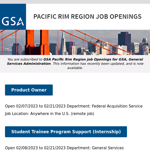 New/Current Job Opportunities in the GSA Pacific Rim Region