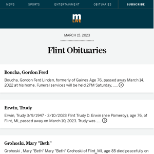 Today's Flint obituaries for March 15, 2023