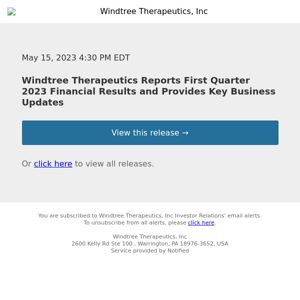 Windtree Therapeutics Reports First Quarter 2023 Financial Results and Provides Key Business Updates