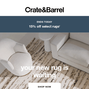 LAST DAY to get 15% off select rugs!