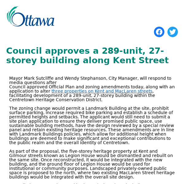 Council approves a 289-unit, 27-storey building along Kent Street