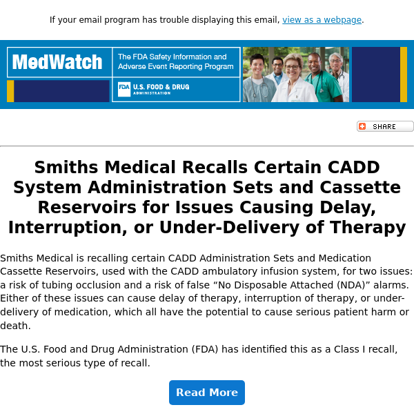 FDA MedWatch - Smiths Medical Recalls CADD System Sets for Issues Impacting Therapy Delivery