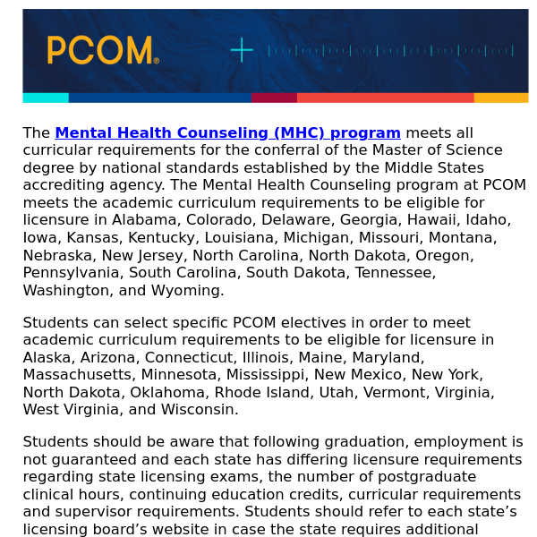 State licensure information for PCOM Mental Health Counseling (MHC) program