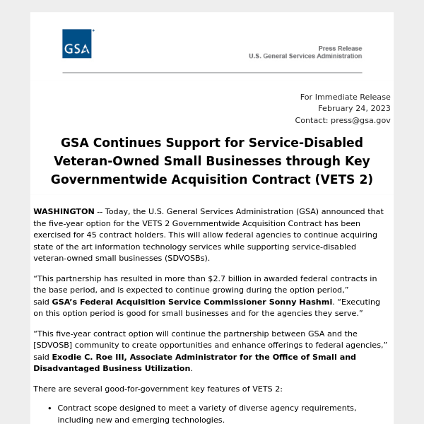 RELEASE: GSA Continues Support for Service-Disabled Veteran-Owned Small Businesses through Key Governmentwide Acquisition Contract (VETS 2)