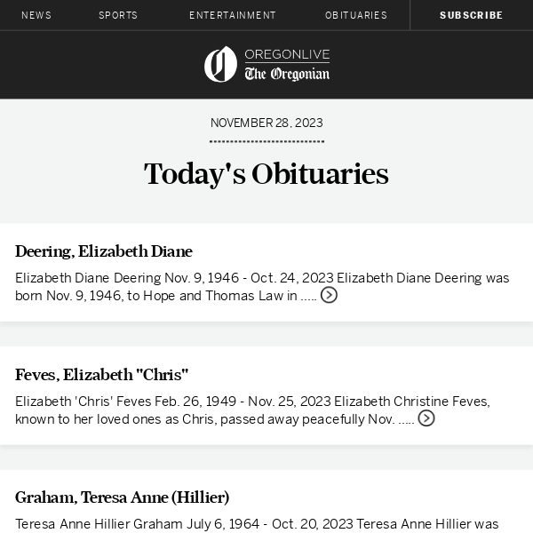 Latest obituaries for November 28, 2023